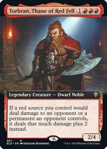 Magic: The Gathering card "Torbran, Thane of Red Fell (Extended Art) [Throne of Eldraine]." This rare card features an illustration of a bearded dwarf noble clad in red, holding a large battle axe with molten edges. Part of the Throne of Eldraine set, it has a casting cost of 1 and three red mana, and is a 2/4 legendary creature.