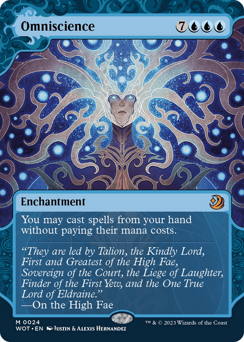 A Magic: The Gathering card titled "Omniscience [Wilds of Eldraine: Enchanting Tales]" with three blue mana and seven generic mana symbols. The image depicts a glowing, ethereal figure with a starry aura. The text reads, 'You may cast spells from your hand without paying their mana costs.' This Mythic Enchantment includes an enchanting lore excerpt.