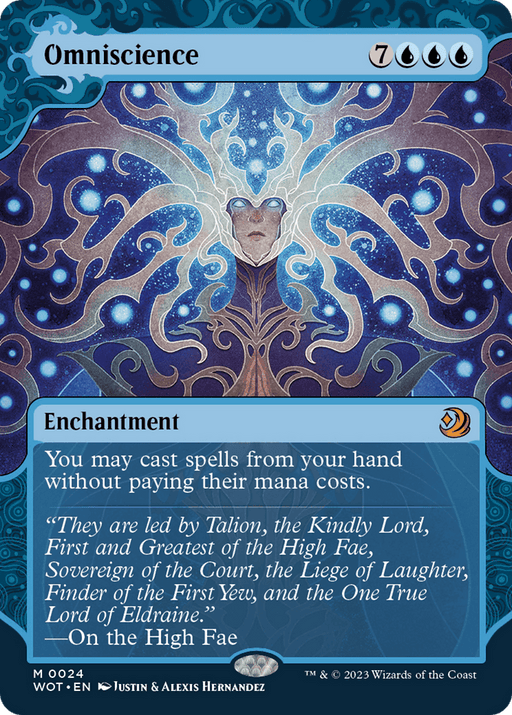 A Magic: The Gathering card titled "Omniscience [Wilds of Eldraine: Enchanting Tales]" with three blue mana and seven generic mana symbols. The image depicts a glowing, ethereal figure with a starry aura. The text reads, 'You may cast spells from your hand without paying their mana costs.' This Mythic Enchantment includes an enchanting lore excerpt.