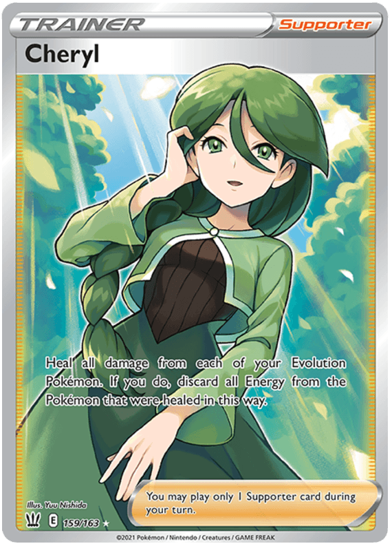 A Pokémon trading card featuring Cheryl as a Supporter Trainer from the Battle Styles series. Cheryl has long green hair and is wearing a green and white dress with a light green cardigan. She stands in a forest clearing, smiling with one hand on her head. This Ultra Rare Pokémon card's text describes her ability to heal all damage from your Evolution Pokémon, and it is specifically identified as Cheryl (159/163) [Sword & Shield: Battle Styles].