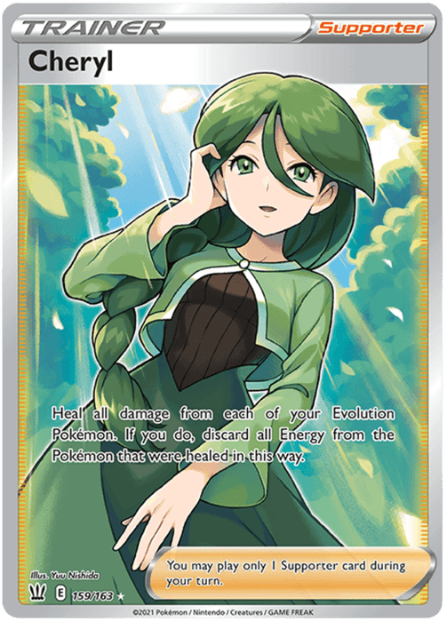 A Pokémon trading card featuring Cheryl as a Supporter Trainer from the Battle Styles series. Cheryl has long green hair and is wearing a green and white dress with a light green cardigan. She stands in a forest clearing, smiling with one hand on her head. This Ultra Rare Pokémon card's text describes her ability to heal all damage from your Evolution Pokémon, and it is specifically identified as Cheryl (159/163) [Sword & Shield: Battle Styles].