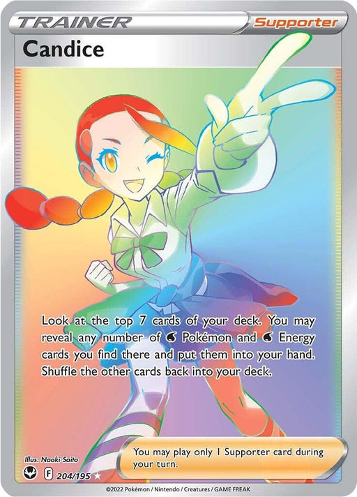 The image features a Pokémon Secret Rare Trainer Supporter card named "Candice (204/195) [Sword & Shield: Silver Tempest]" from the Pokémon series. The card displays an illustrated female character with red hair in braids, wearing a green outfit and a blue scarf, pointing energetically. There is a description of the card's ability involving revealing cards and gaining energy.
