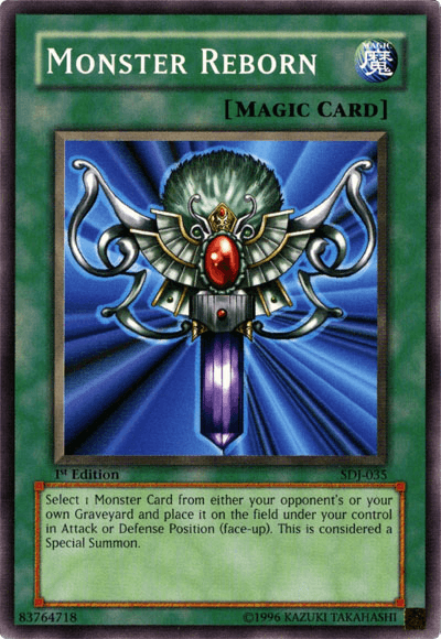 An image of the "Monster Reborn [SDJ-035] Common" card from the Yu-Gi-Oh! trading card game. The card, a staple in many Starter Decks, features a green border signifying it as a Normal Spell Card. The artwork depicts an ornate ankh with a red gem. The card text explains its function, allowing a player to Special Summon a monster from the graveyard.