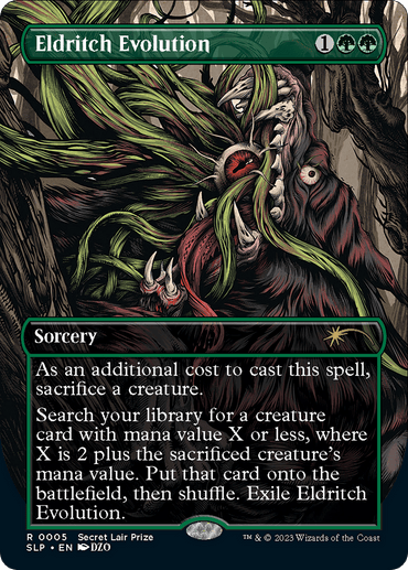 A Magic: The Gathering card titled "Eldritch Evolution (Borderless) [Secret Lair Showdown]" from the Secret Lair Showdown. With a green frame and mana cost of 1 green and 2 generic mana, it features a monstrous, tentacled creature in a dark forest. This sorcery lets you search for and cast a creature card under specific conditions.