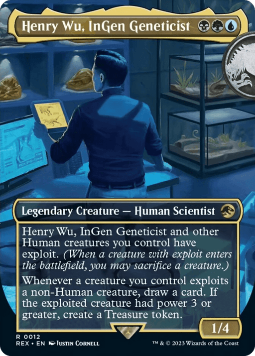A Magic: The Gathering card titled "Henry Wu, InGen Geneticist (Borderless) [Jurassic World Collection]." The card shows Henry Wu in a laboratory, holding a document with DNA illustrations. This legendary creature type "Human Scientist" has various abilities related to "exploit" mechanics and stats of 1/4.