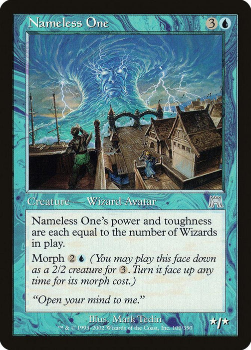 A Magic: The Gathering card featuring Nameless One [Onslaught], an Avatar. This creature card costs 3 colorless and 1 blue mana, depicting a swirling vortex in the sky above a seaside town. A wizard stands on a pier. The card has a morph ability and its power/toughness equals the number of wizards in play.