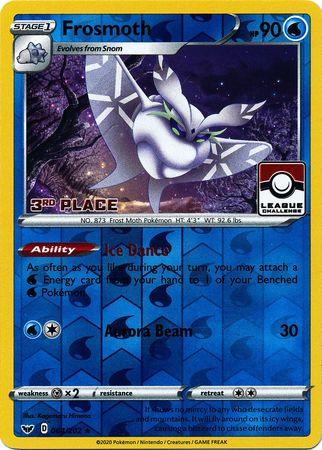 A Pokémon trading card featuring Frosmoth, a moth-like creature with ice-themed aesthetics. The water type card has a shiny, holographic border and indicates it evolves from Snom. Titled "Frosmoth (064/202) (League Promo 3rd Place) [Sword & Shield: Base Set]," it's marked as a 3rd Place League Challenge card with 90 HP and comes from the Sword & Shield series, showcasing its abilities: Ice Dance and Aurora Beam by Pokémon.