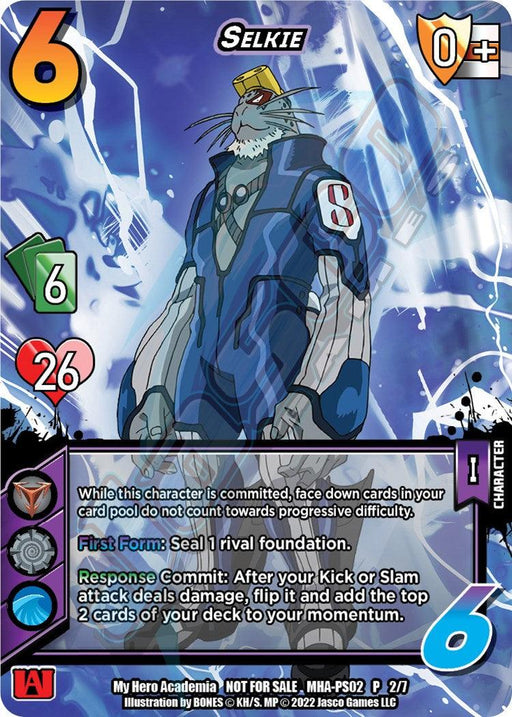 A Character Card featuring "Selkie," a muscular anthropomorphic seal in a pilot uniform. The card has a blue lightning background, with stats showing 6 difficulty, 6 control, 0-hand size, Health 26, and 6 blocks. Abilities are listed below with descriptive icons. "Selkie [Crimson Rampage Promos]" branding is at the bottom under UniVersus.