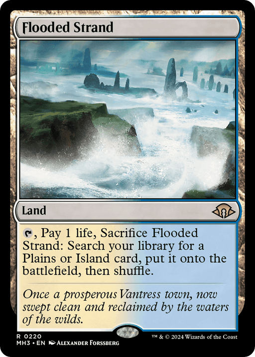 A Magic: The Gathering card named "Flooded Strand [Modern Horizons 3]." This Land card reads: "Pay 1 life, Sacrifice Flooded Strand [Modern Horizons 3]: Search your library for a Plains or Island card, put it onto the battlefield, then shuffle." The flavor text says: "Once a prosperous Vantress town, now swept clean and reclaimed by the waters of the wilds." The artwork depicts a mist.