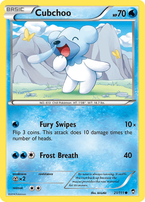 This image features a Pokémon Cubchoo (21/111) [XY: Furious Fists] trading card from the Pokémon brand. The card shows Cubchoo, a small blue bear-like Pokémon with a runny nose, standing cheerfully on its hind legs with one arm raised. It has 70 HP, Water type, and attacks "Fury Swipes" (10x) and "Frost Breath" (40).