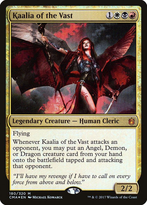 Magic: The Gathering card "Kaalia of the Vast [Commander Anthology]" features a winged female figure wielding a sword. This Legendary Creature - Human Cleric has flying and the special ability to summon Angel, Demon, or Dragon cards when it attacks. The card has a score of 2/2.
