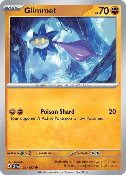 A Pokémon Glimmet (122/197) [Scarlet & Violet: Obsidian Flames] card from the Scarlet & Violet series features Glimmet, a floating, luminescent Fighting Type with a blue and purple color scheme and yellow eyes, set against a surreal, crystalline cave backdrop. The card details its HP of 70, an attack called Poison Shard causing poison, and various stats.