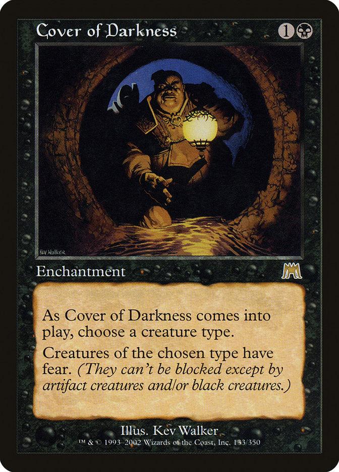 A Cover of Darkness [Onslaught] Magic: The Gathering card, this rare enchantment features artwork of a figure holding a lantern in a dimly lit tunnel. The card text states: 