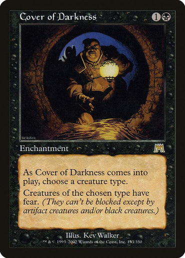 A Cover of Darkness [Onslaught] Magic: The Gathering card, this rare enchantment features artwork of a figure holding a lantern in a dimly lit tunnel. The card text states: "As Cover of Darkness comes into play, choose a creature type. Creatures of the chosen type have fear.