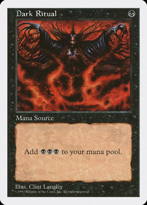 A Magic: The Gathering card titled Dark Ritual [Fifth Edition], an Instant in the Fifth Edition. The card features art by Clint Langley of a dark, hooded figure with elongated fingers, casting a fiery, glowing red spell. The text below reads, "Mana Source. Add (black mana symbol)(black mana symbol)(black mana symbol) to your mana pool.