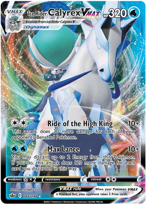 An Ultra Rare Pokémon trading card featuring Ice Rider Calyrex VMAX (046/198) [Sword & Shield: Chilling Reign] by Pokémon. The card has a blue and white color scheme with Calyrex riding a majestic ice-themed horse. It includes stats like HP 320 and moves "Ride of the High King" and "Max Lance." This card is number 046/198 from the Chilling Reign set.