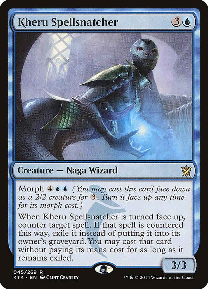 The image features a card from Magic: The Gathering titled "Kheru Spellsnatcher [Khans of Tarkir]," depicting a Naga Wizard. The card has a blue border, showing the wizard holding a magical orb encased in blue energy. It requires an investment of 3 colorless and 1 blue mana and includes Morph, with power and toughness rated at 3/3.