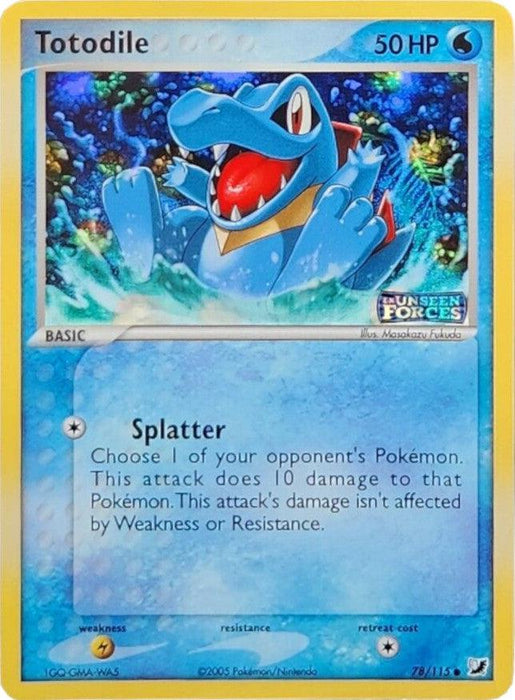 A Pokémon Totodile (78/115) (Stamped) [EX: Unseen Forces] trading card with 50 HP. The card is from the Unseen Forces series and features Totodile emerging from water with an open mouth. Its attack, "Splatter," does 10 damage to one of your opponent's Pokémon. The card number is 78/115, and it’s a Basic Water-type card.
