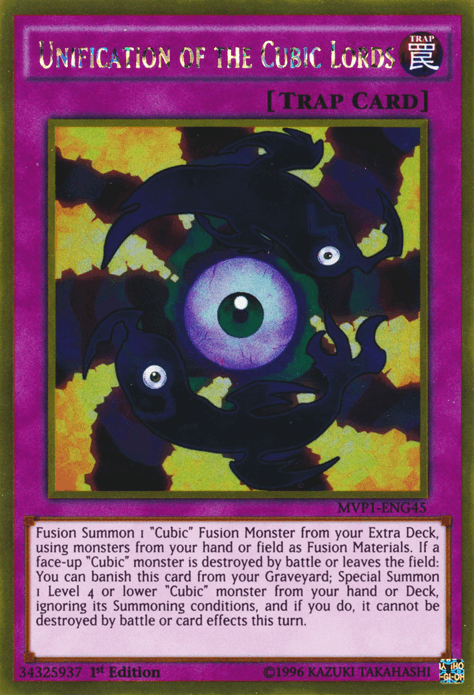 A Yu-Gi-Oh! trading card named "Unification of the Cubic Lords [MVP1-ENG45] Gold Rare" with a purple border. The card features dark, swirling energy and three sinister, blue-eyed faces. It's labeled as a trap card and has detailed text about summoning a Cubic Fusion Monster. It’s from the Gold Rare MVP1-ENG45 series found in The Dark Side of Dimensions Movie Pack.