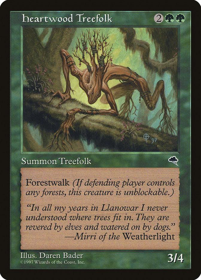 The "Heartwood Treefolk [Tempest]" is an intriguing card from "Magic: The Gathering," requiring two colorless and two green mana to play. It features a tree-like creature wandering the forest, with 3/4 power and toughness, and possesses the elusive "Forestwalk" ability. The flavor text by Mirri of the Weatherlight hints at Llanowar legends.