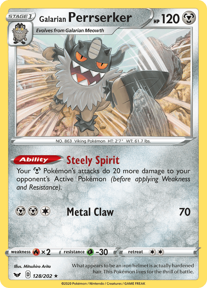 A Galarian Perrserker (128/202) [Sword & Shield: Base Set] from Pokémon. This Stage 1 card boasts 120 HP and showcases the gray, cat-like creature with a steel helmet and spiky beard. It features the ability "Steely Spirit" and has a move "Metal Claw" dealing 70 damage. Card number: 128/202.