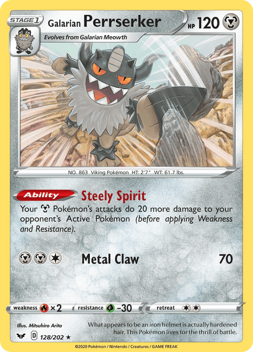 A Galarian Perrserker (128/202) [Sword & Shield: Base Set] from Pokémon. This Stage 1 card boasts 120 HP and showcases the gray, cat-like creature with a steel helmet and spiky beard. It features the ability "Steely Spirit" and has a move "Metal Claw" dealing 70 damage. Card number: 128/202.