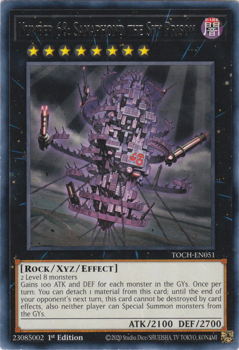 The Yu-Gi-Oh! card "Number 68: Sanaphond the Sky Prison [TOCH-EN051] Rare" features an impressive dark, floating structure resembling a fortress, with intricate geometric designs and a glowing core. This rare Xyz/Effect Monster has two level 8 star icons, depicting it as a Rock type with stats of ATK 2100 and DEF 2700.