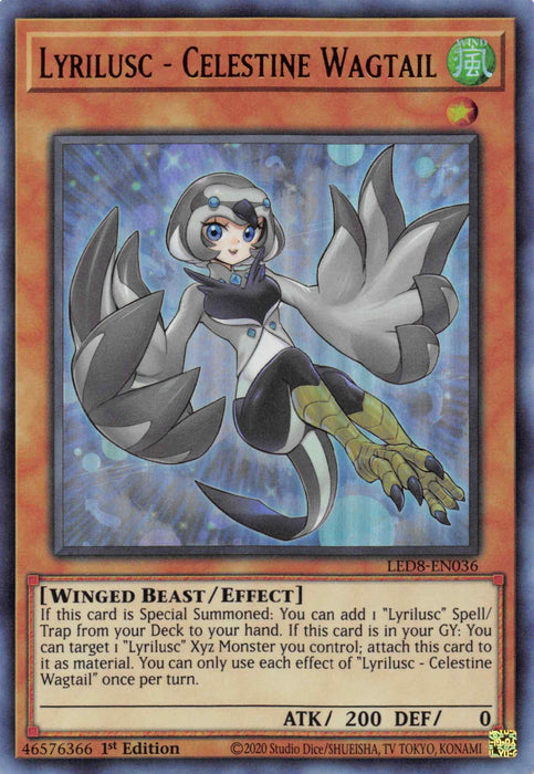 A Yu-Gi-Oh! trading card titled "Lyrilusc - Celestine Wagtail [LED8-EN036] Ultra Rare" features an artistic depiction of a mystical winged creature with large white and grey wings, blue eyes, and a detailed feathered body. This Ultra Rare Effect Monster, from Legendary Duelists: Synchro Storm, boasts attributes like ATK/200 DEF/0.