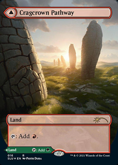 Magic: The Gathering card named "Cragcrown Pathway // Timbercrown Pathway (Borderless) [Secret Lair: Ultimate Edition 2]" from Magic: The Gathering. The artwork depicts a sunny, grassy landscape with tall, stone pillars rising from the ground. The sunrise casts a warm, golden light. This rare land card indicates it can add red mana to your pool.