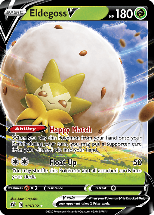 A Pokémon trading card showing Eldegoss V (019/192) [Sword & Shield: Rebel Clash]. Eldegoss, the featured Pokémon, has a large, fluffy cotton head and a cheerful face. The Ultra Rare card's border is black and green, featuring V HP 180 in the top right corner. Eldegoss has abilities "Happy Match" and "Float Up.