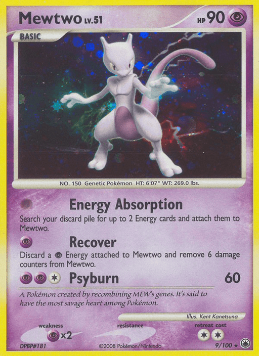 Image of a Mewtwo (9/100) [Diamond & Pearl: Majestic Dawn] Pokémon card from the 2008 series. The card features Mewtwo, a humanoid psychic-type Pokémon with a sleek white body and purple tail. It has 90 HP and is at Level 51. Attacks listed are Energy Absorption, Recover, and Psyburn. The card is numbered 9/