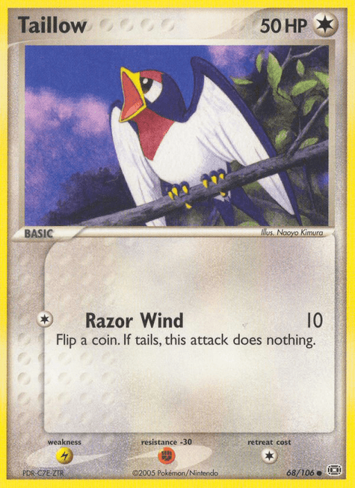 A Taillow (68/106) [EX: Emerald] Pokémon card, part of the EX: Emerald series. Taillow, a blue bird with a white face and red throat, is perched on a tree branch. It has 50 HP and is a Basic Pokémon with Colorless energy type. The Common card features the move "Razor Wind," doing 10 damage with a coin flip mechanic. Illustrated by Naoyo Kimura.