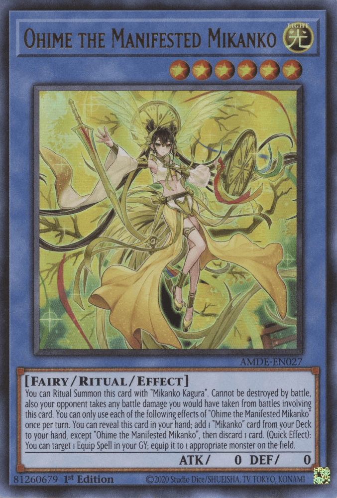 A Yu-Gi-Oh! trading card titled "Ohime the Manifested Mikanko [AMDE-EN027] Ultra Rare" from the Amazing Defenders set, features a character holding a golden fan, surrounded by yellow energy and ribbons. This Fairy/Ritual/Effect Monster's attributes and effects are detailed in the text box below the image.