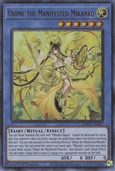 A Yu-Gi-Oh! trading card titled "Ohime the Manifested Mikanko [AMDE-EN027] Ultra Rare" from the Amazing Defenders set, features a character holding a golden fan, surrounded by yellow energy and ribbons. This Fairy/Ritual/Effect Monster's attributes and effects are detailed in the text box below the image.