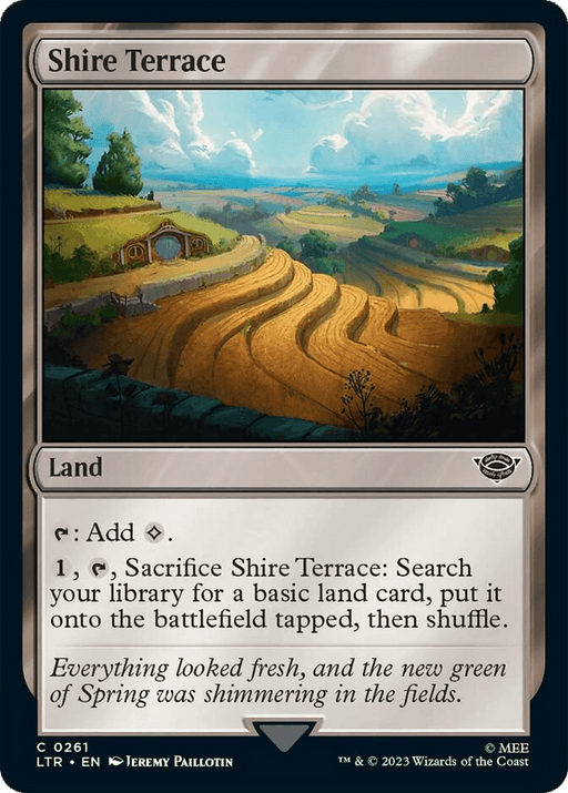 A Magic: The Gathering card from The Lord of the Rings: Tales of Middle-Earth set, "Shire Terrace [The Lord of the Rings: Tales of Middle-Earth]" depicts a lush, terraced landscape with a Hobbit-like dwelling at the top. This Land card produces colorless mana and can be sacrificed to find a basic land from your library.