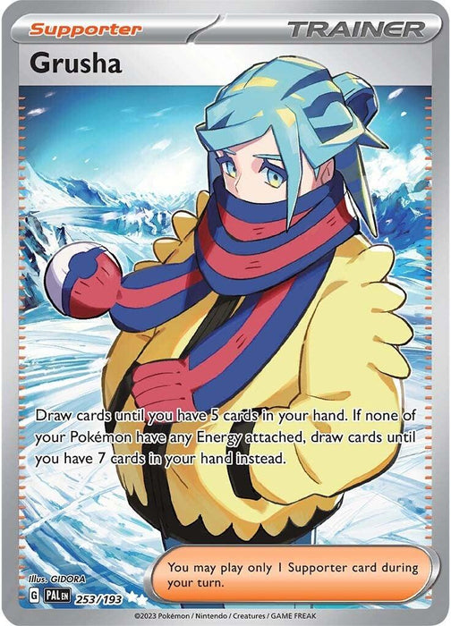 A Pokémon TCG card named "Grusha (253/193) [Scarlet & Violet: Paldea Evolved]," depicting a blue-haired character with a yellow jacket, red scarf, and gloves, holding a Poké Ball. Snowy mountains are in the background. As an Ultra Rare Trainer and Supporter from Scarlet & Violet: Paldea Evolved, it explains how to draw and play cards with usage limits from Pokémon.
