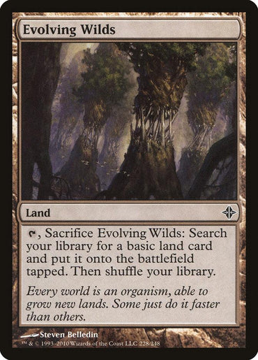 Evolving Wilds [Rise of the Eldrazi] is a captivating Magic: The Gathering Land card, featuring art of a mystical forest with towering trees and mist. It allows you to search your library for a basic land card, which enters the battlefield tapped, symbolizing the growth of new lands.