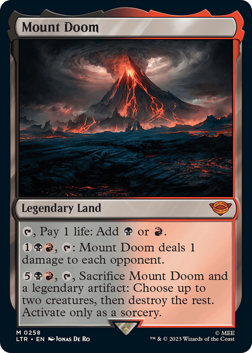 A trading card from Magic: The Gathering titled "Mount Doom [The Lord of the Rings: Tales of Middle-Earth]." The Mythic card features an ominous, fiery volcanic landscape with lava flowing through dark terrain. It is a Legendary Land with abilities that affect gameplay, including producing mana and dealing damage to opponents.