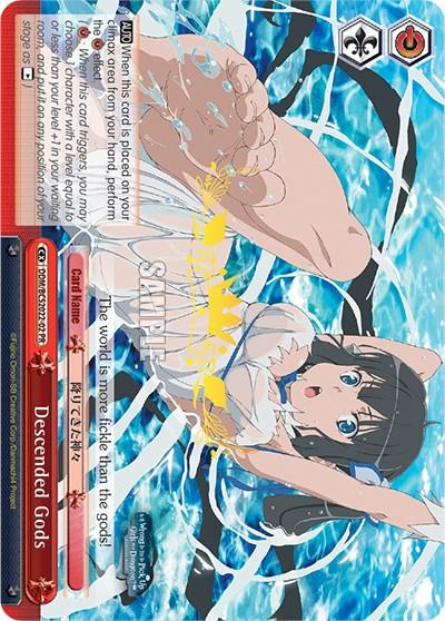 The Descended Gods (Foil) card from Bushiroad Event Cards showcases an anime-style illustration of a young woman elegantly swimming underwater in a white swimsuit. Her arm reaches upward through water bubbles, and the Climax Card is detailed with diverse text and symbols, featuring the phrase, 