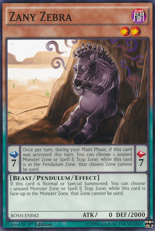 A Yu-Gi-Oh! trading card titled "Zany Zebra [BOSH-EN042] Common," from the Breakers of Shadow set, features a zebra with purple stripes and mane on rocky terrain. This Beast/Pendulum/Effect Monster boasts an ATK of 0, DEF of 2000, and Pendulum Scales of 7. The description and effects are detailed below the image.