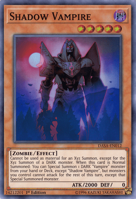 The Yu-Gi-Oh! card named "Shadow Vampire [DASA-EN012] Super Rare" from the Dark Saviors set features an imposing armored, winged vampire shrouded in a dark aura and surrounded by bats. Classified as a "Zombie/Effect Monster" with 2000 ATK and 0 DEF, this card's effect allows you to summon a DARK "Vampire" monster but restricts the summoning of other monsters.