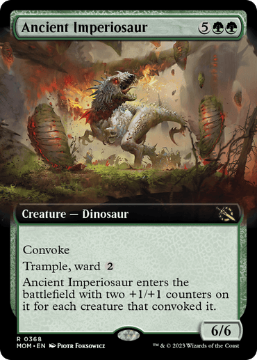 A Magic: The Gathering card named "Ancient Imperiosaur (Extended Art) [March of the Machine]" showcases a mighty 6/6 Dinosaur with trample and ward 2. Costing 5 generic and 2 green mana, it boasts a convoke ability, gaining +1/+1 counters for each creature used to convoke it. The artwork captures a large, roaring dinosaur in striking detail.