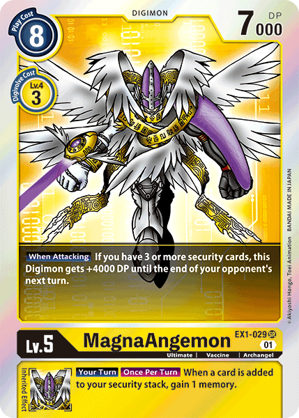 The MagnaAngemon [EX1-029] card from the Digimon Classic Collection is a Super Rare card featuring a winged, armored angelic figure equipped with a helmet and staff. With a Play Cost of 8, Level 5 status, and 7000 DP, it provides an advantageous boost when you have three or more security cards. This card is of the Ultimate level and falls under the Vaccine type.