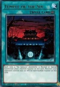 A Yu-Gi-Oh! Field Spell card named "Temple of the Six [MAGO-EN146] Rare." The card features an illustrated image of a traditional Japanese temple surrounded by red foliage and set against a dark, ominous sky. Blue borders frame the card, with text describing its effects related to Bushido Counters and the Six Samurai below the image.