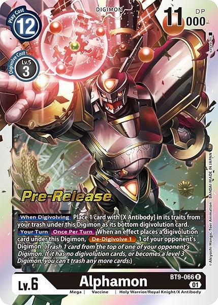 A holographic Digimon trading card featuring Alphamon [BT9-066] [X Record Pre-Release Promos], a Level 6 Digimon with 11,000 DP and a play cost of 12. This 