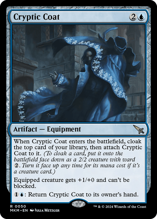 A Magic: The Gathering trading card titled "Cryptic Coat [Murders at Karlov Manor]" with a blue border, featuring a hooded figure in a dark, flowing coat amidst an ethereal mist. The card is an Artifact - Equipment from the infamous Karlov Manor set, costing 2 colorless and 1 blue mana, and provides detailed instructions and abilities for gameplay.
