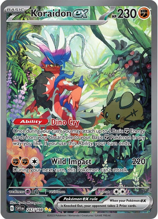 The image shows a Pokémon trading card featuring Koraidon ex (247/198) [Scarlet & Violet: Base Set] from Pokémon. It has 230 HP and is depicted with a blue, red, and yellow design alongside plants and another creature. As a Secret Rare card, it boasts the ability Dino Cry for energy attachment from the discard pile and a Wild Impact attack dealing 220 damage but preventing attacking next turn.