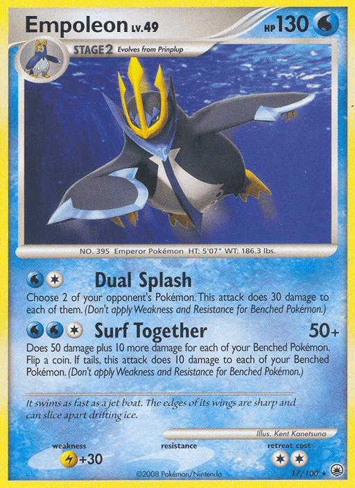 A rare Pokémon trading card from Diamond & Pearl: Majestic Dawn featuring Empoleon, a stage 2 Water-type. Standing dominantly in water with 130 HP, it wields "Dual Splash" and "Surf Together." With a height of 5'07" and weight of 186.3 lbs, the card by Ken Sugimori is numbered *Empoleon (17/100) [Diamond & Pearl: Majestic Dawn]* and has a
Product Name: Empoleon (17/100) [Diamond & Pearl: Majestic Dawn]
Brand Name: Pokémon