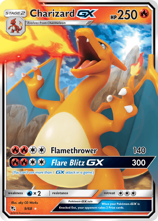 A Charizard GX (9/68) [Sun & Moon: Hidden Fates] Pokémon card with 250 HP. Charizard is depicted roaring with flames around it. It has two attacks: Flamethrower (140 damage) and Flare Blitz GX (300 damage). The card includes evolution from Charmeleon, Pokémon-GX rule, and retreat cost of 3. Weakness is