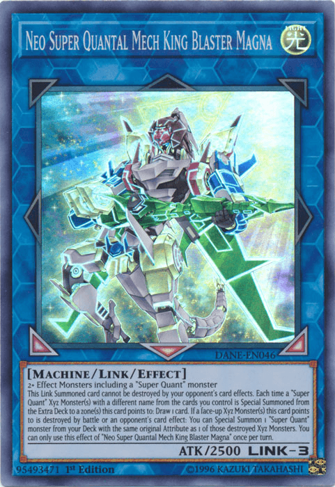 An image of the Yu-Gi-Oh! trading card titled "Neo Super Quantal Mech King Blaster Magna [DANE-EN046] Super Rare" from the Dark Neostorm set. The card's artwork features a futuristic, humanoid robotic mech with blue armor, metallic wings, and energy weapons. This LINK-3 monster has an ATK of 2500 and is a Super Quant Link/Effect Monster with complex